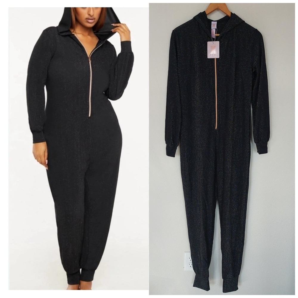 Savage X Fenty‎ Black Metallic Hooded One Piece Jumpsuit Loungewear Medium NWT